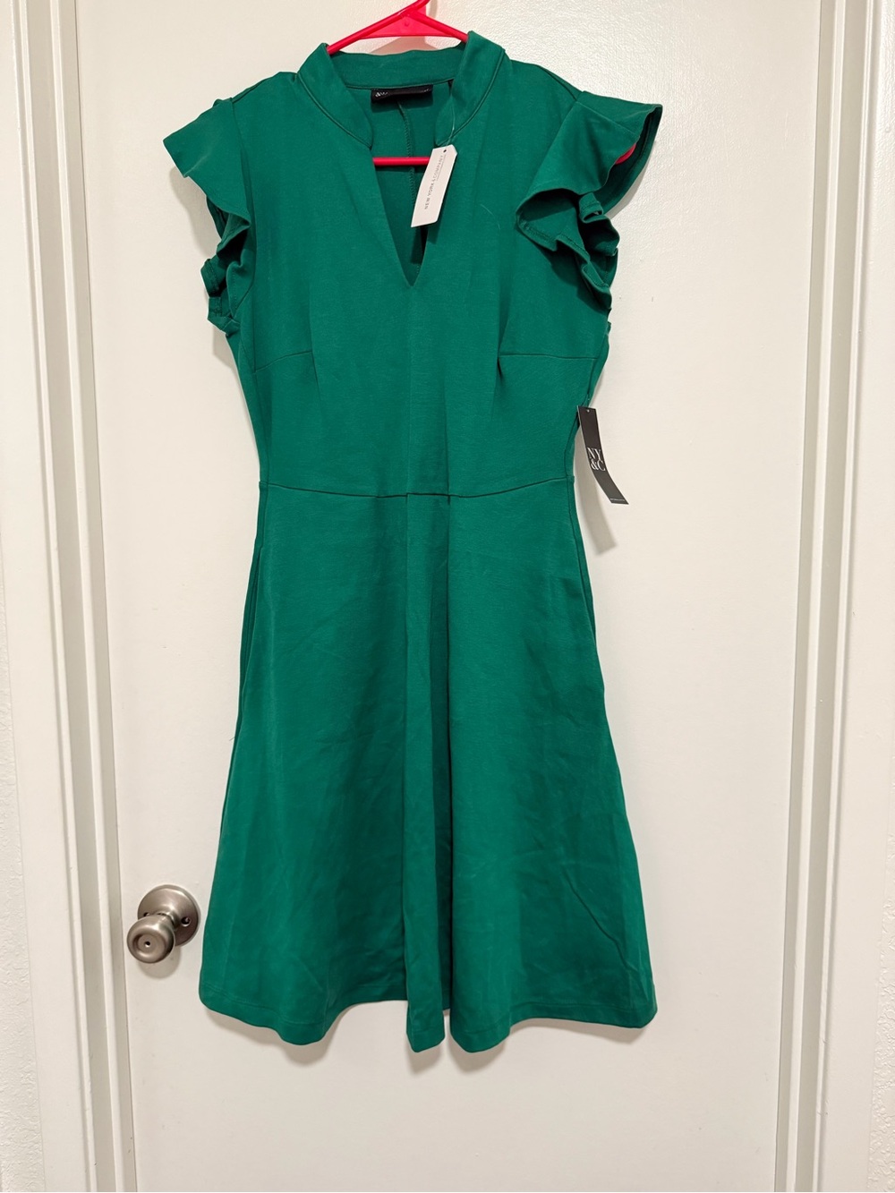New York & Company Emerald Green Ruffle Cap-Sleeve Fit & Flare Dress